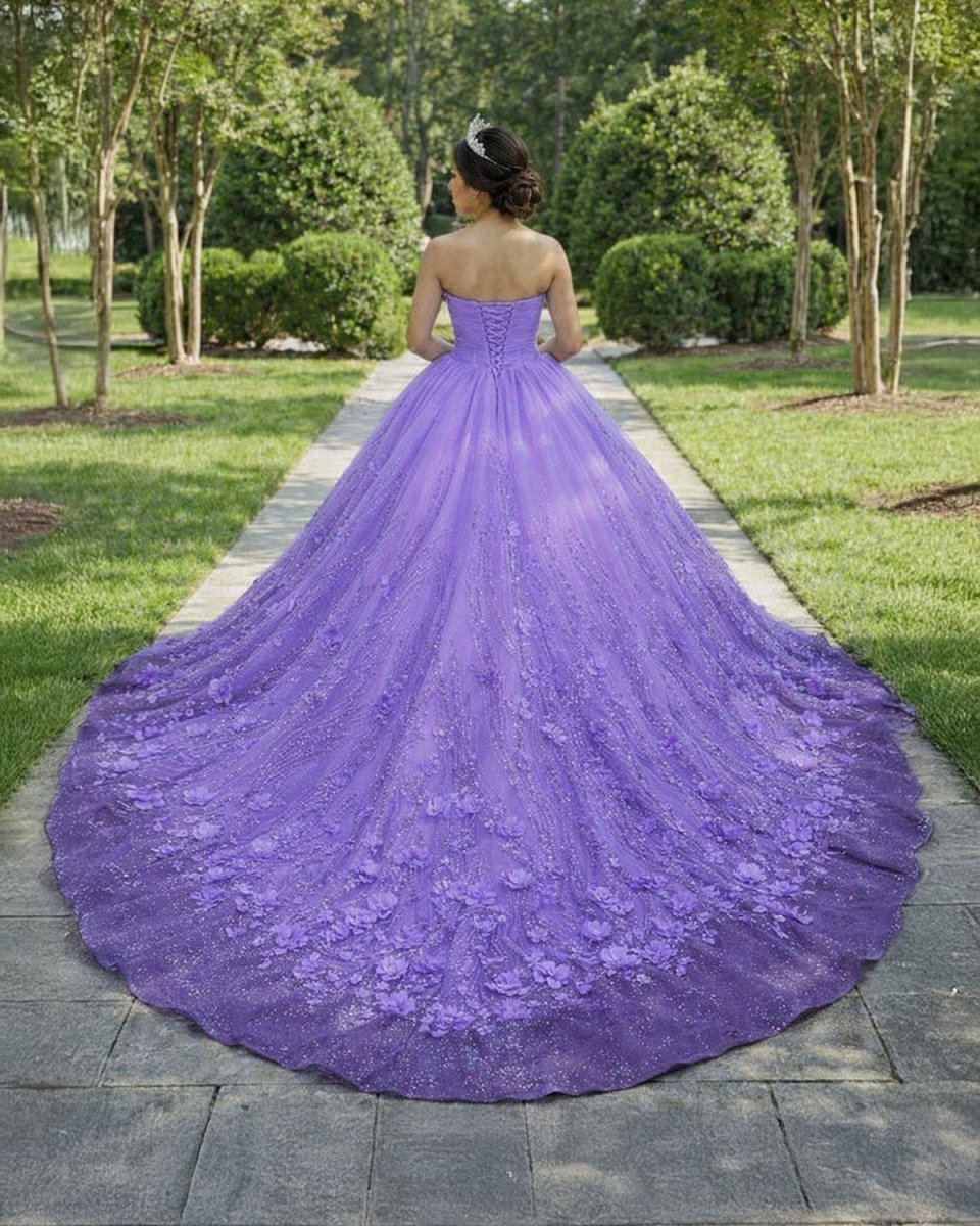 A Line Purple Lace Sweetheart With Corset Back Quinceanera Dresses - Curvevia