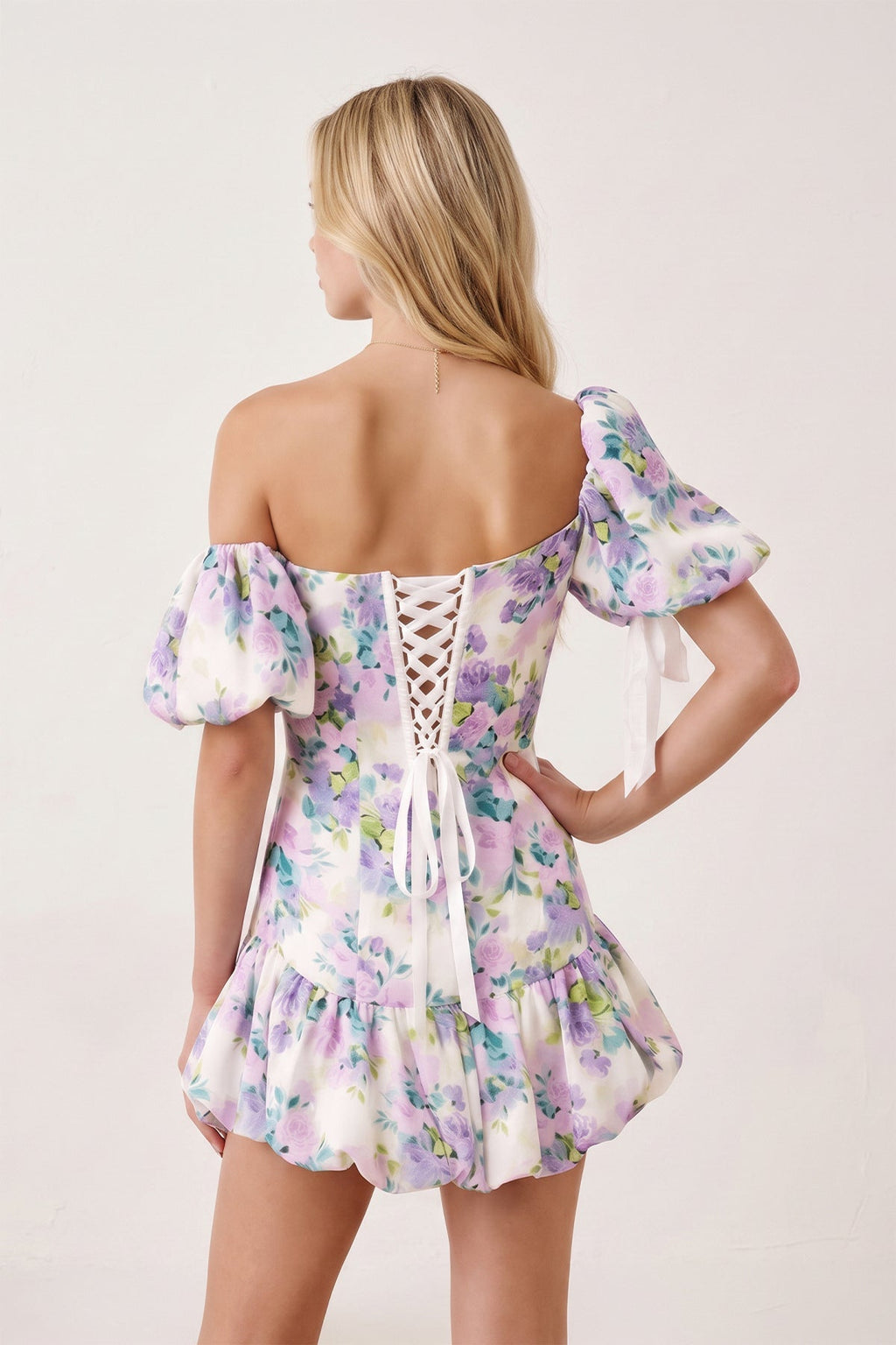 Lavender Off the Shoulder Plunge Floral Printed A-Line Ruffled Wedding Guest Dress - Curvevia