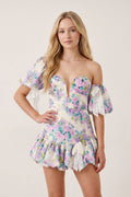 Lavender Off the Shoulder Plunge Floral Printed A-Line Ruffled Wedding Guest Dress - Curvevia