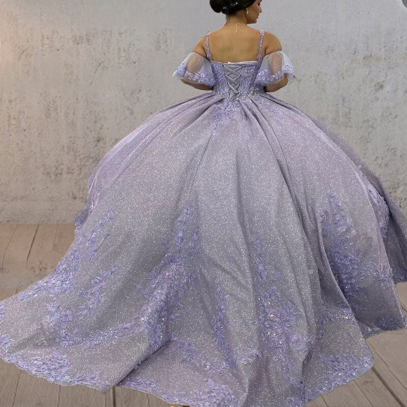 Lavender Off-the-Shoulder Straps Appliqued Quinceanera Dresses - Curvevia