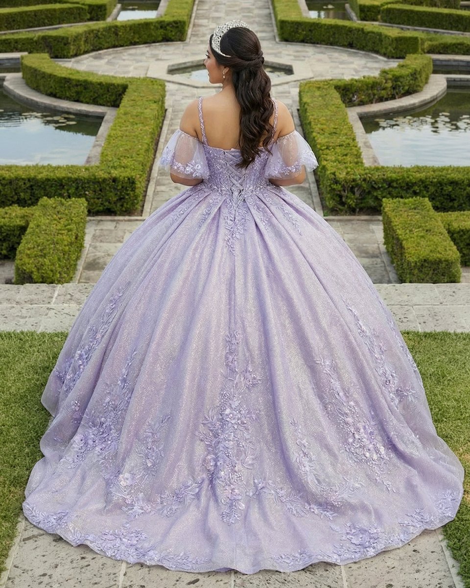 Lavender Off-the-Shoulder Straps Appliqued Quinceanera Dresses - Curvevia