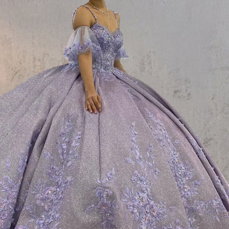 Lavender Off-the-Shoulder Straps Appliqued Quinceanera Dresses - Curvevia