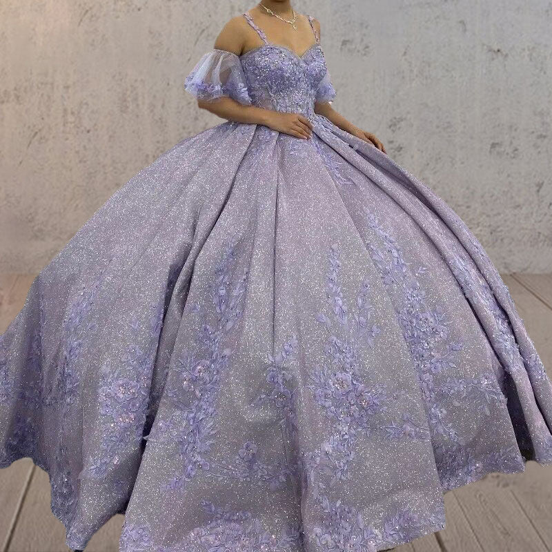 Lavender Off-the-Shoulder Straps Appliqued Quinceanera Dresses - Curvevia