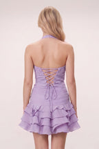Brown Organza Halter A-Line Pleated Ruffled Wedding Guest Dress - Curvevia