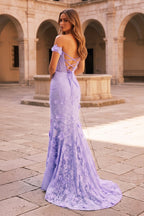 Off The Shoulder Floral Lace Long Prom Dress With Split - Curvevia