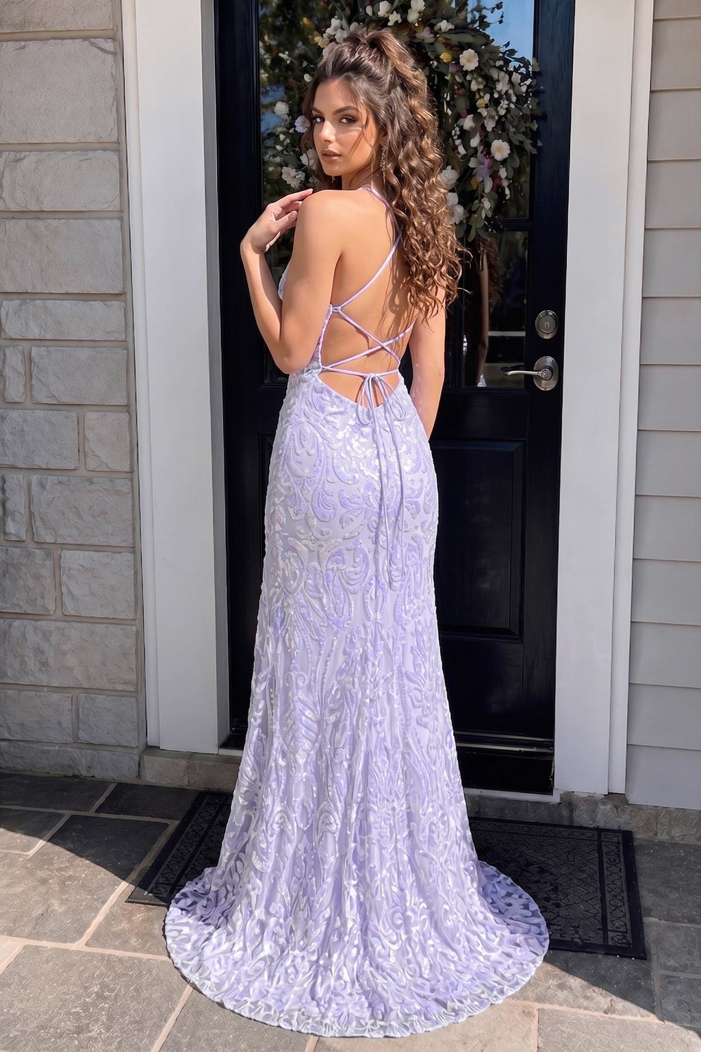 Mermaid Spaghetti Straps Blue Sequins Lace Long Evening Dress with Slit - Curvevia