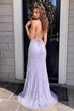 Mermaid Spaghetti Straps Blue Sequins Lace Long Evening Dress with Slit - Curvevia