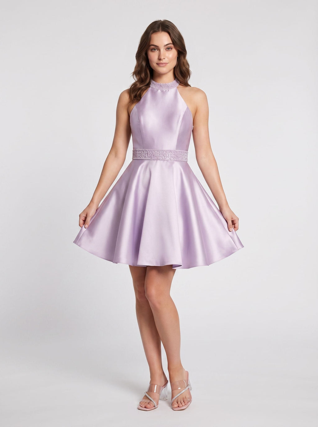 Lavender Satin A-Line Halter neckline Backless Short Dress with Beaded Bodice - Curvevia