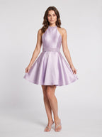 Lavender Satin A-Line Halter neckline Backless Short Dress with Beaded Bodice - Curvevia