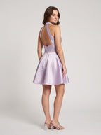 Lavender Satin A-Line Halter neckline Backless Short Dress with Beaded Bodice - Curvevia
