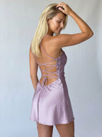 Lavender Satin Sheath V-Neck Criss-Cross Straps Short Dress with Beaded Bodice - Curvevia