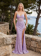 Lavender Sequin column Sweetheart Illusion Floor-Length Dress with Beaded Corset - Curvevia
