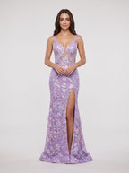 Lavender Sequins Mermaid V-Neck Back Zip Floor-Length Dress with Sheer Sides and Slit - Curvevia