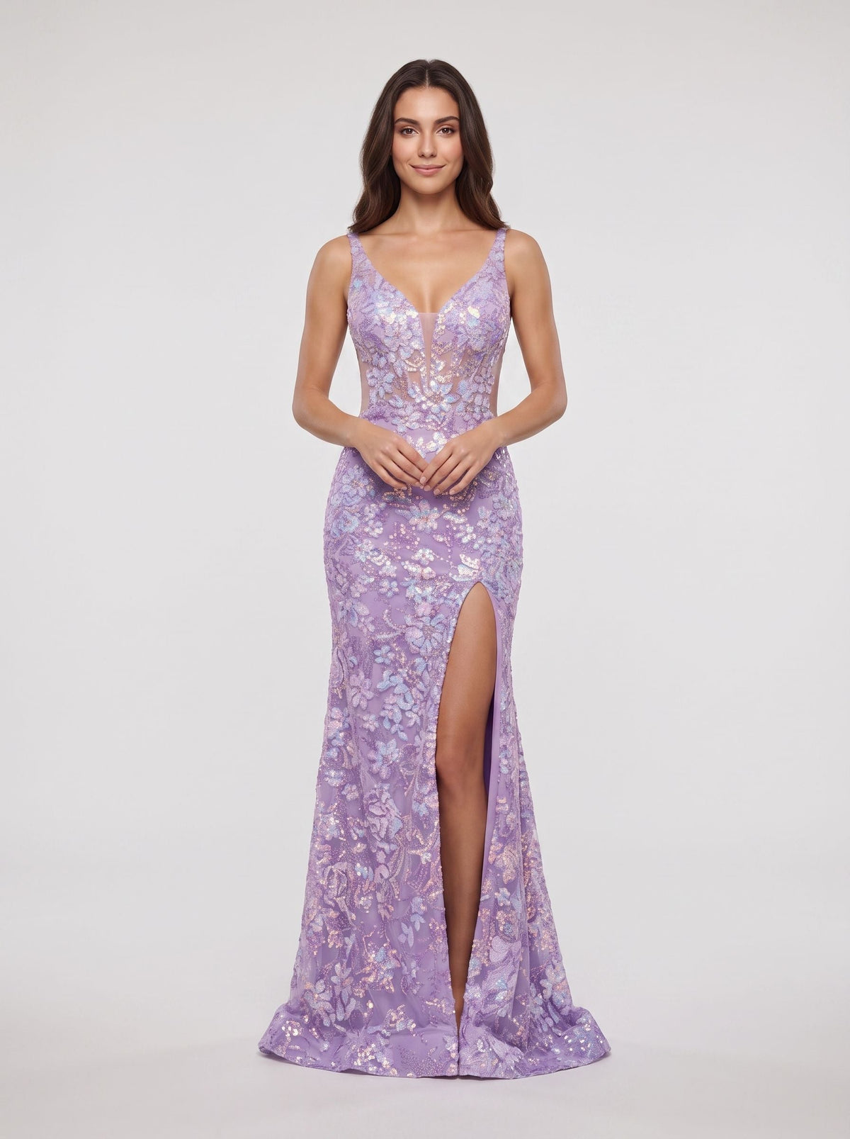 Lavender Sequins Mermaid V-Neck Back Zip Floor-Length Dress with Sheer Sides and Slit - Curvevia