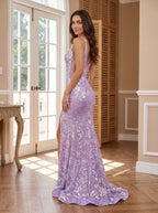 Lavender Sequins Mermaid V-Neck Back Zip Floor-Length Dress with Sheer Sides and Slit - Curvevia