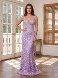Lavender Sequins Mermaid V-Neck Back Zip Floor-Length Dress with Sheer Sides and Slit - Curvevia