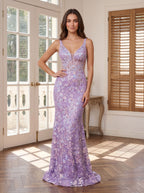 Lavender Sequins Mermaid V-Neck Back Zip Floor-Length Dress with Sheer Sides and Slit - Curvevia