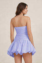 Champagne Strapless A-Line Satin Balloon Draped Wedding Guest Dress - Curvevia