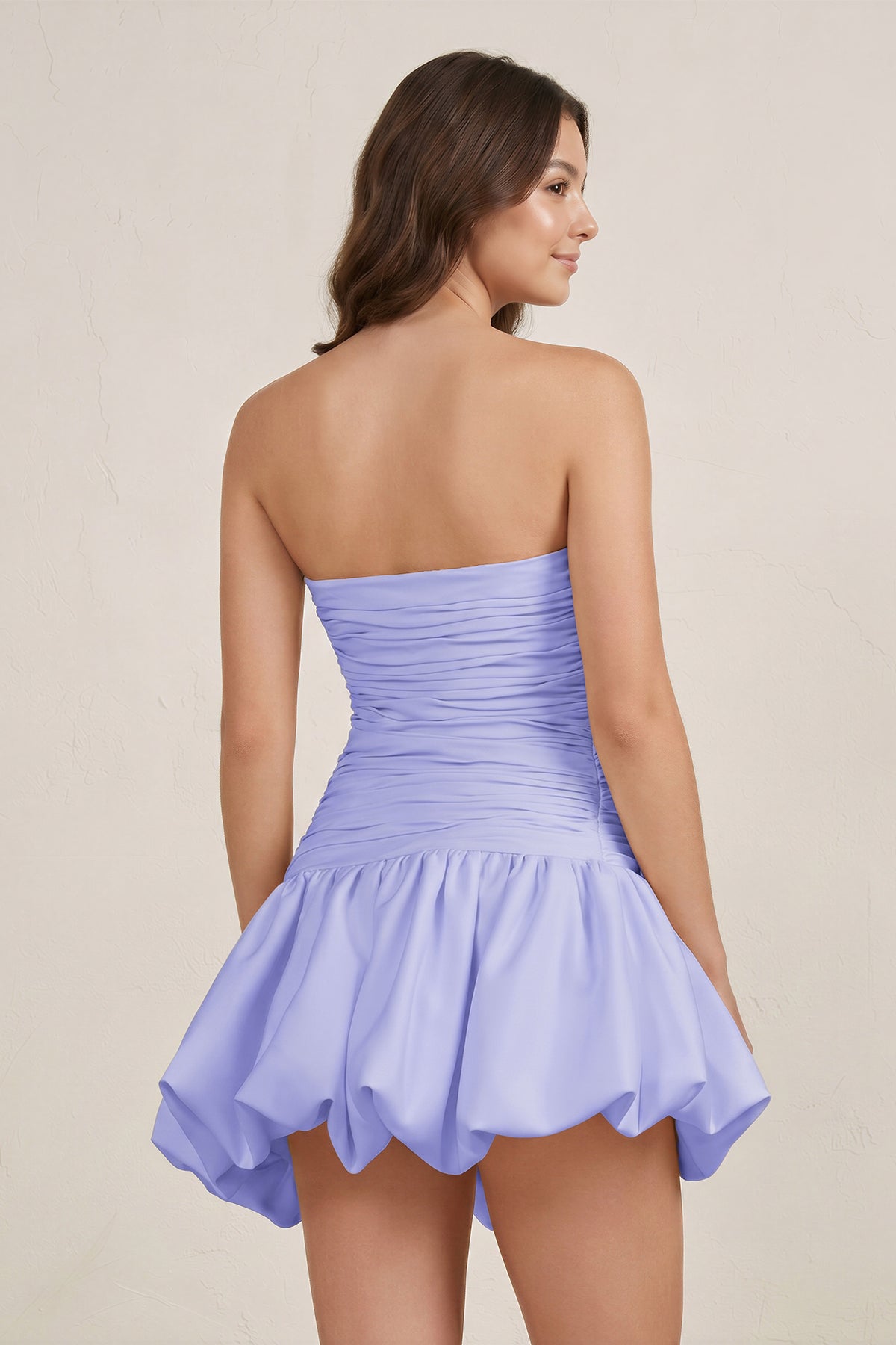 Champagne Strapless A-Line Satin Balloon Draped Wedding Guest Dress - Curvevia