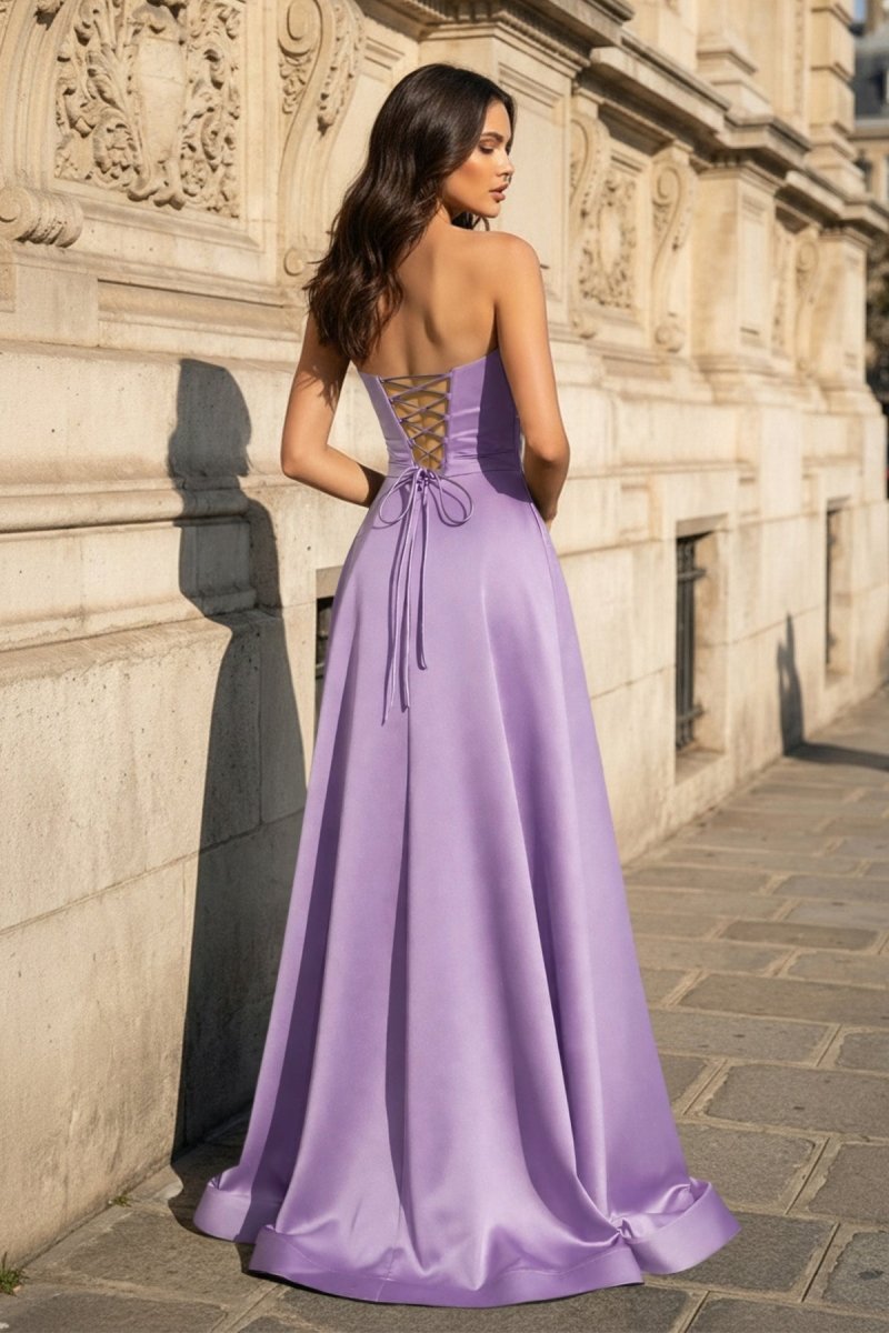 A Line Black Strapless Satin Evening Dress With Slit - Curvevia