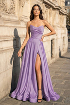 A Line Black Strapless Satin Evening Dress With Slit - Curvevia