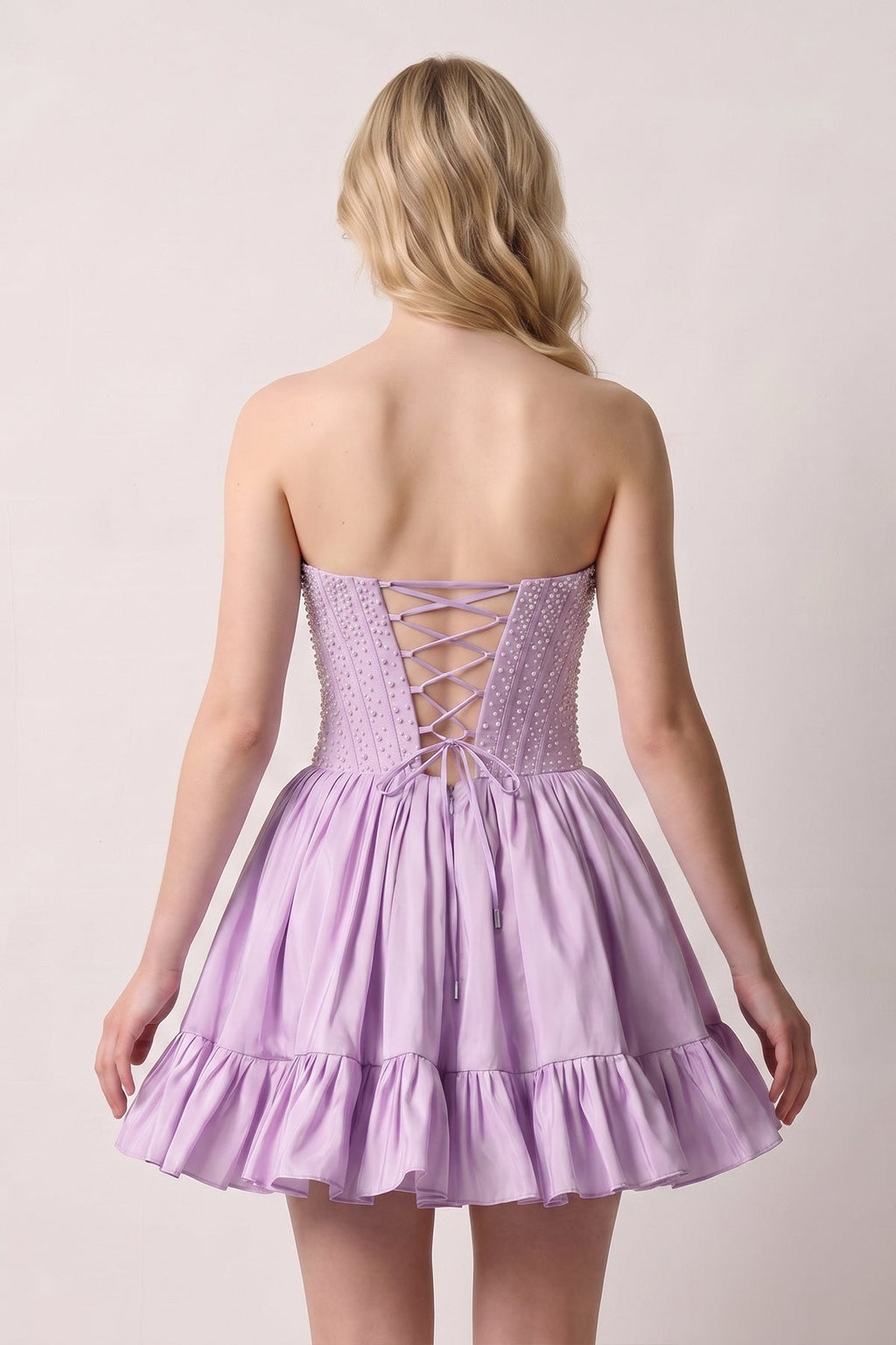 Sky Blue Strapless A Line Satin Ruffles Wedding Guest Dress With Pearls - Curvevia