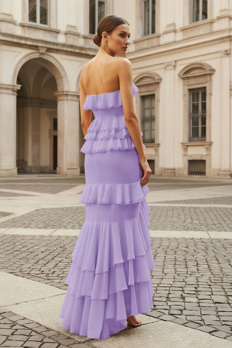 Pink Strapless Sheath Chiffon Ruffled Long Wedding Guest Dress - Curvevia