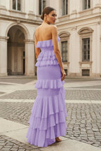 Pink Strapless Sheath Chiffon Ruffled Long Wedding Guest Dress - Curvevia