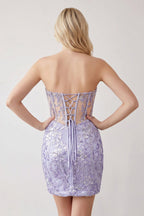 Lavender Sweetheart Corset Appliqued Homecoming Dress with Slit - Curvevia