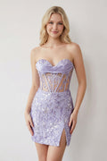 Lavender Sweetheart Corset Appliqued Homecoming Dress with Slit - Curvevia