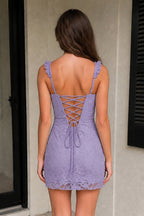 Yellow Sweetheart Lace Sheath Mini Homecoming Dress with Lace-Up Back - Curvevia