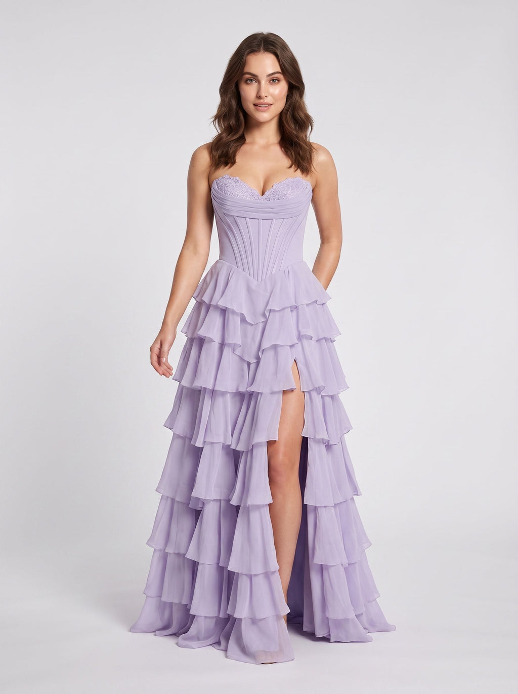 Lavender Tulle A-Line Sweetheart Corset Back Floor-Length Dress with Cascading Ruffles - Curvevia