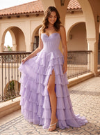 Lavender Tulle A-Line Sweetheart Corset Back Floor-Length Dress with Cascading Ruffles - Curvevia