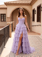Lavender Tulle A-Line Sweetheart Corset Back Floor-Length Dress with Cascading Ruffles - Curvevia
