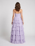 Lavender Tulle A-Line Sweetheart Corset Back Floor-Length Dress with Cascading Ruffles - Curvevia