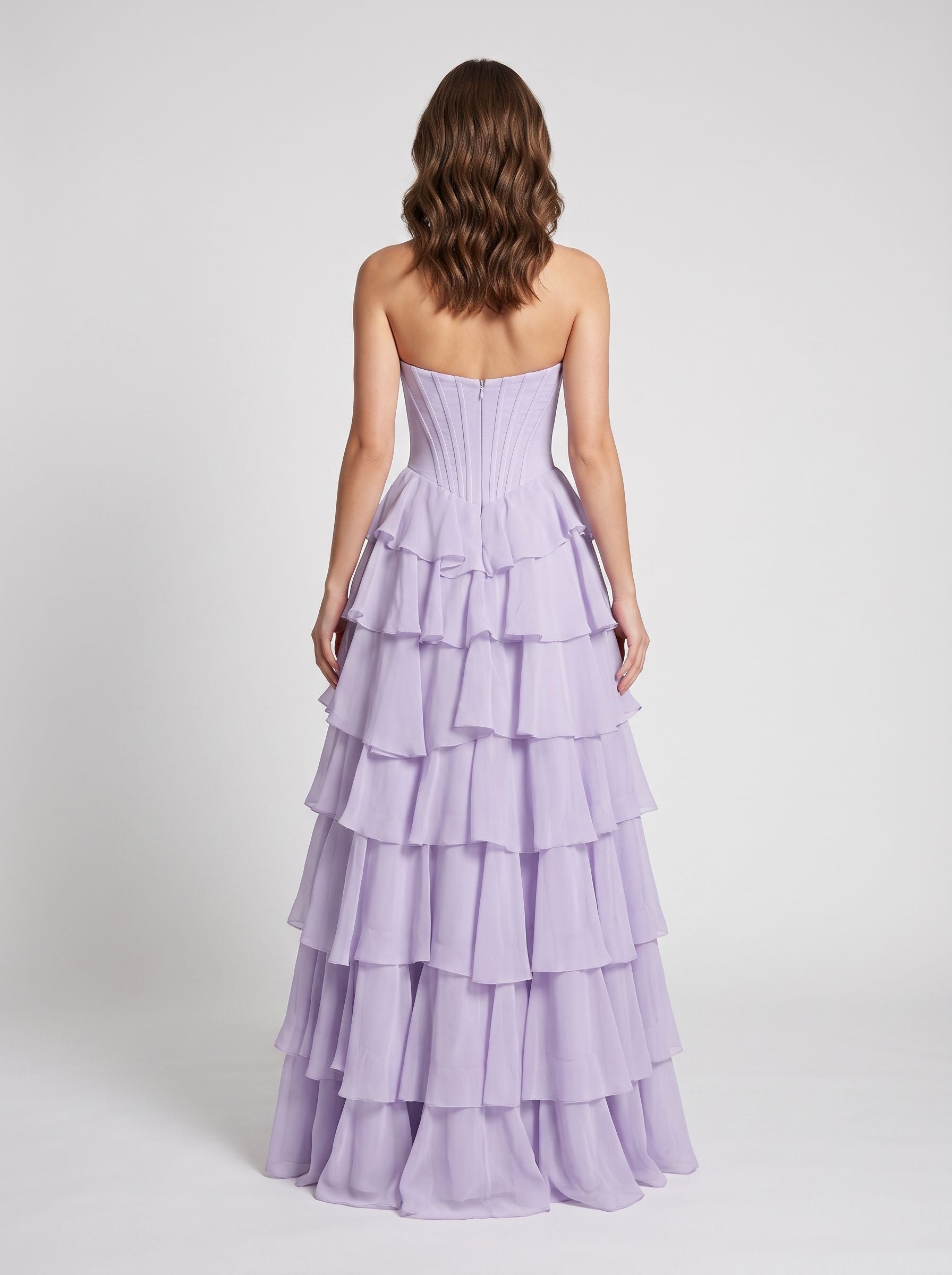 Lavender Tulle A-Line Sweetheart Corset Back Floor-Length Dress with Cascading Ruffles - Curvevia
