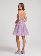 Lavender Tulle A-Line V-Neck Lace-up Short Dress with Appliques - Curvevia