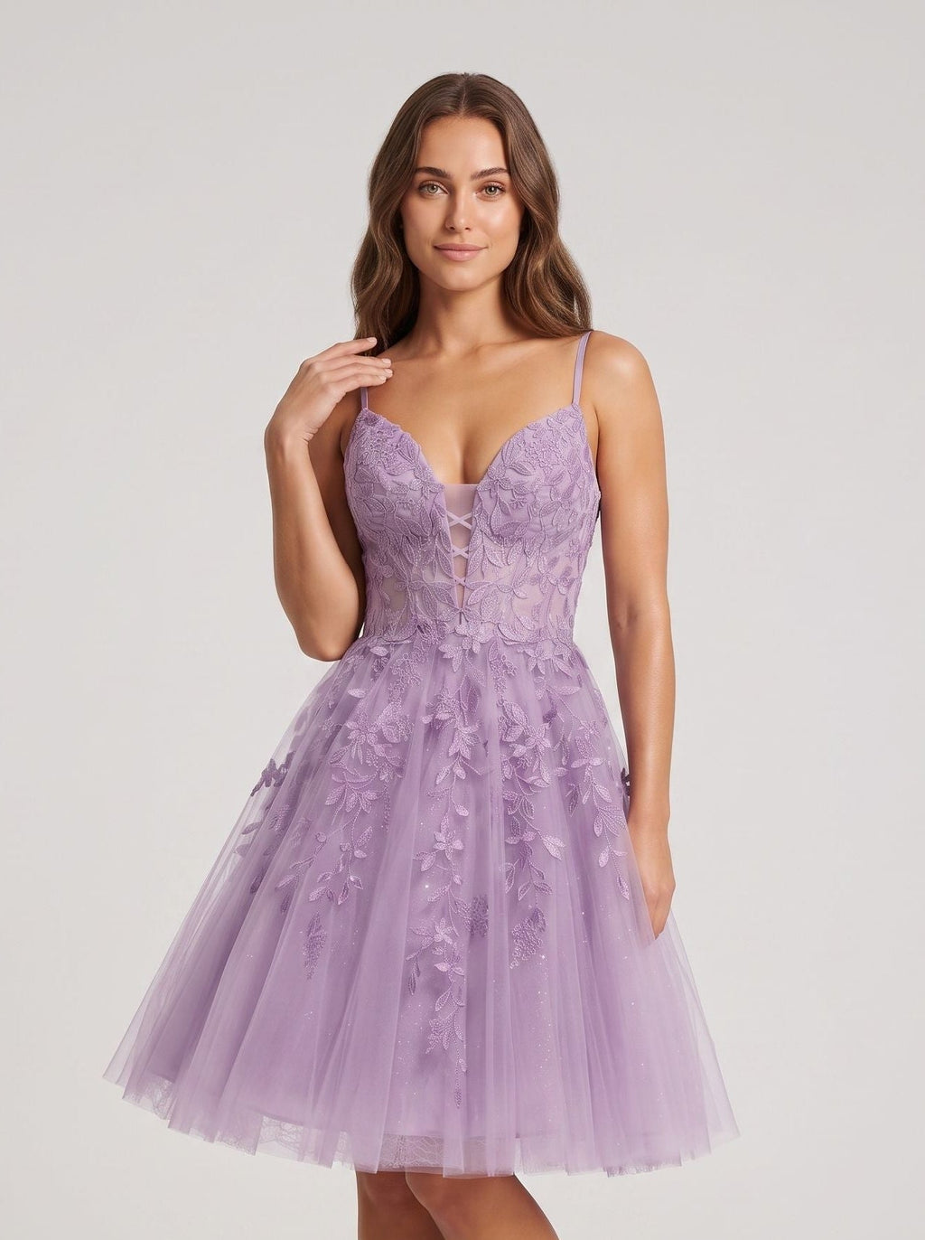 Lavender Tulle A-Line V-Neck Lace-up Short Dress with Appliques - Curvevia