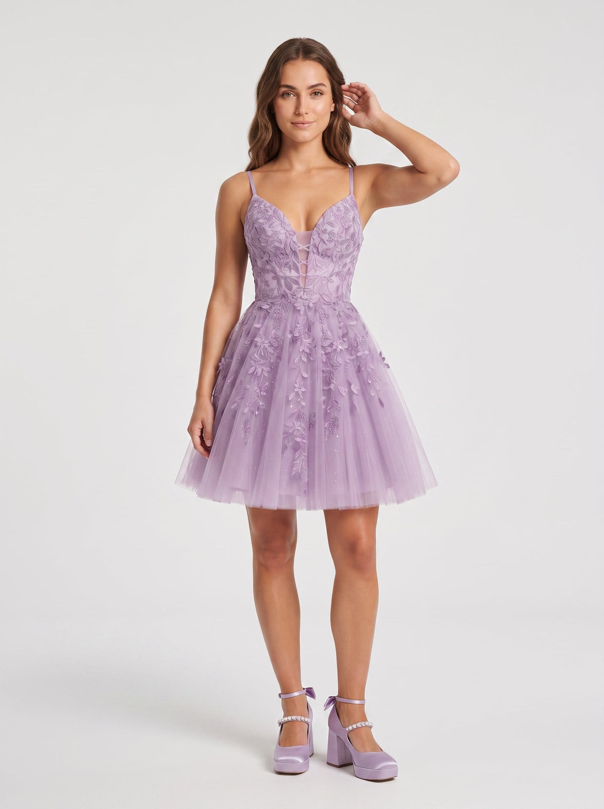 Lavender Tulle A-Line V-Neck Lace-up Short Dress with Appliques - Curvevia