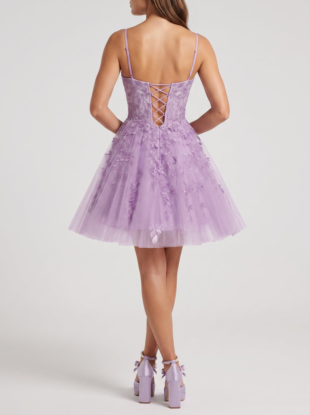 Lavender Tulle A-Line V-Neck Lace-up Short Dress with Appliques - Curvevia