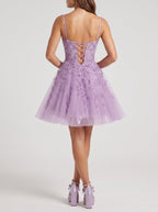 Lavender Tulle A-Line V-Neck Lace-up Short Dress with Appliques - Curvevia