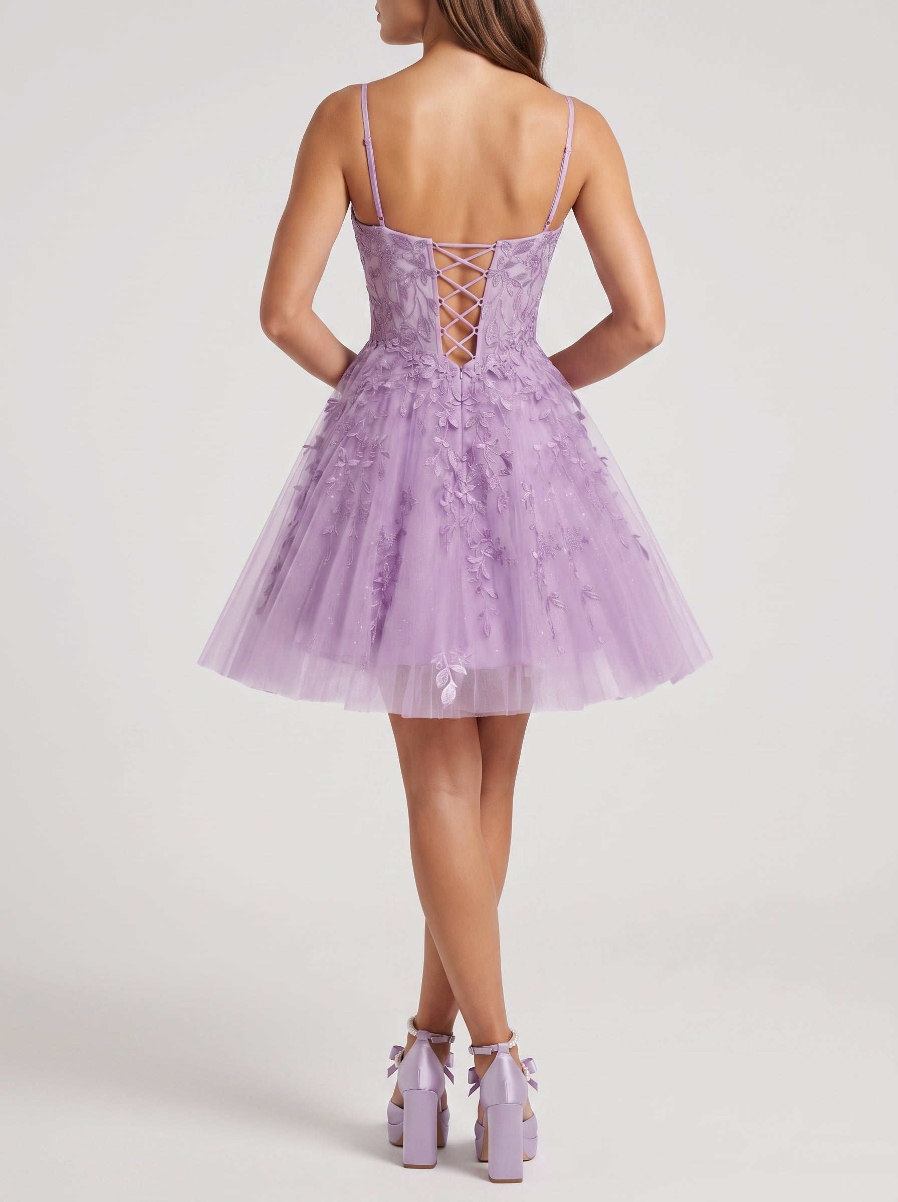 Lavender Tulle A-Line V-Neck Lace-up Short Dress with Appliques - Curvevia
