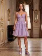 Lavender Tulle A-Line V-Neck Lace-up Short Dress with Appliques - Curvevia