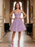 Lavender Tulle A-Line V-Neck Lace-up Short Dress with Appliques - Curvevia