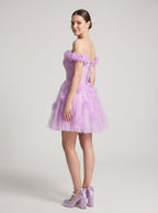 Wisteria Tulle A-Line Off-the-Shoulder Lace-up Short Dress with 3D Florals - Curvevia
