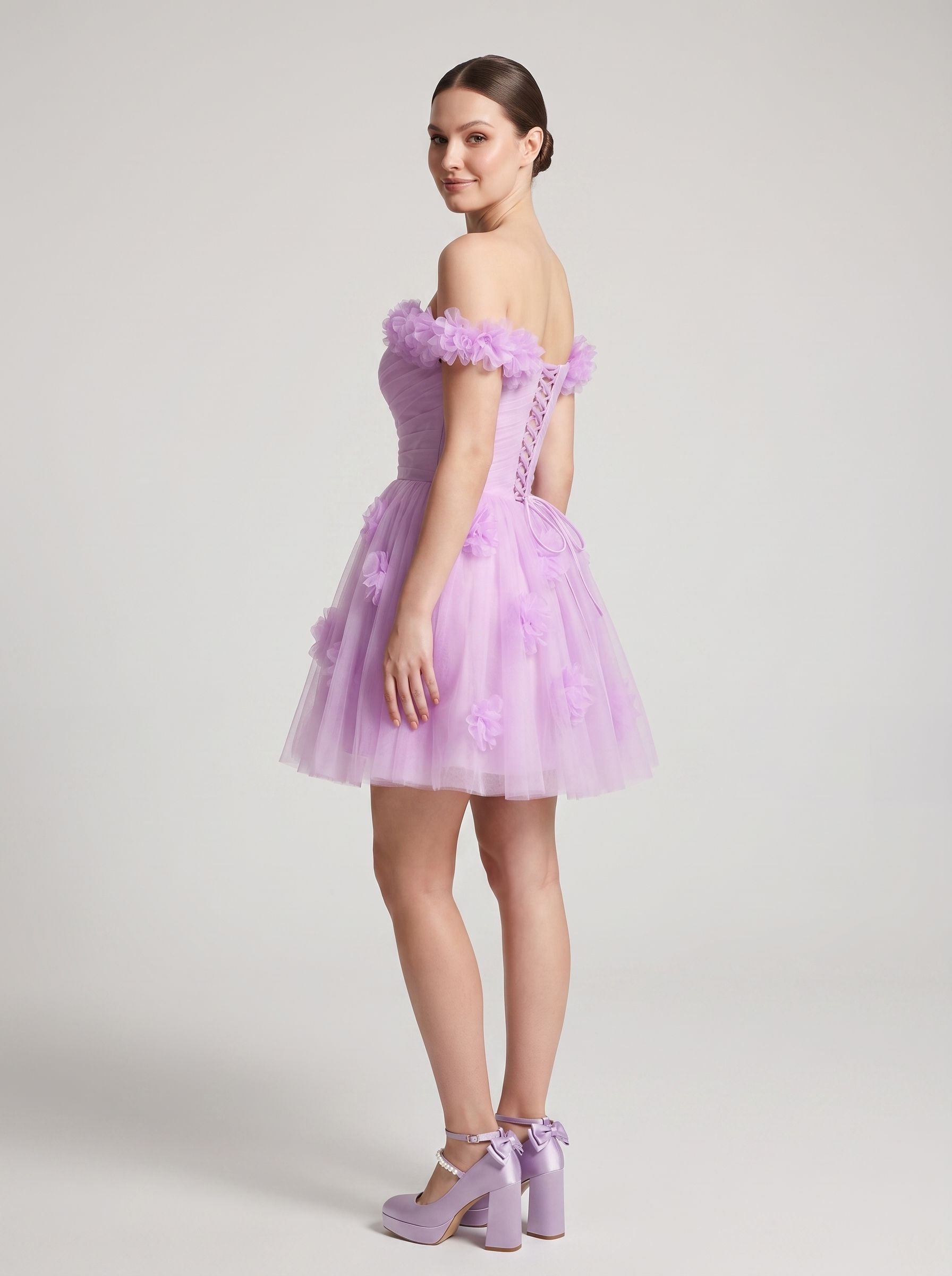Wisteria Tulle A-Line Off-the-Shoulder Lace-up Short Dress with 3D Florals - Curvevia