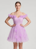 Wisteria Tulle A-Line Off-the-Shoulder Lace-up Short Dress with 3D Florals - Curvevia
