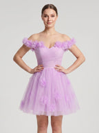 Wisteria Tulle A-Line Off-the-Shoulder Lace-up Short Dress with 3D Florals - Curvevia
