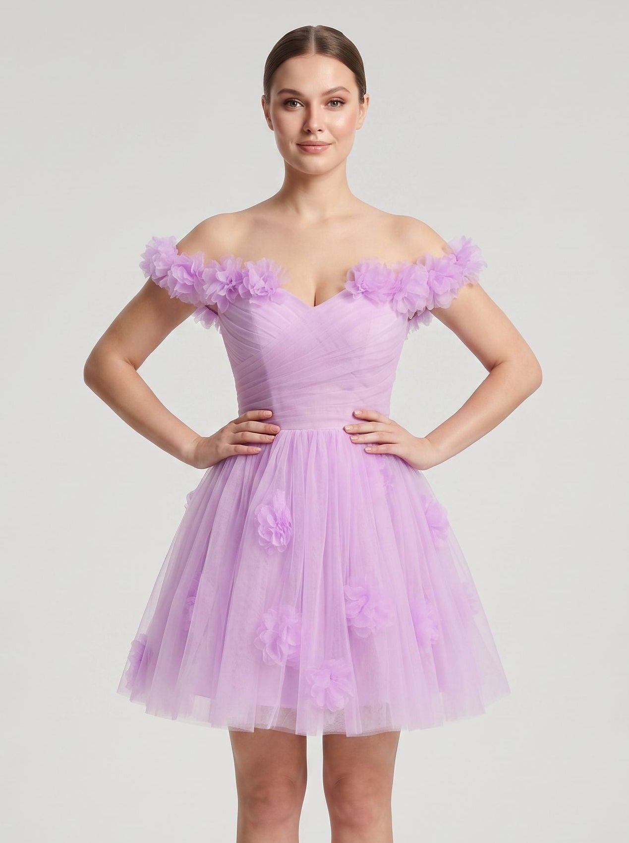 Wisteria Tulle A-Line Off-the-Shoulder Lace-up Short Dress with 3D Florals - Curvevia
