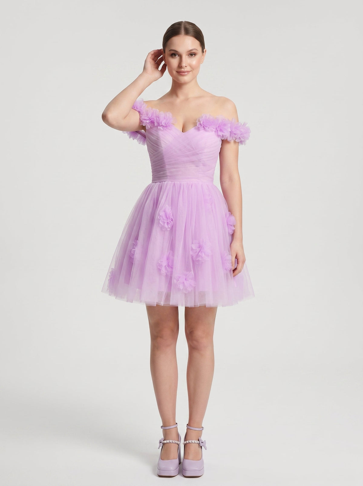 Wisteria Tulle A-Line Off-the-Shoulder Lace-up Short Dress with 3D Florals - Curvevia
